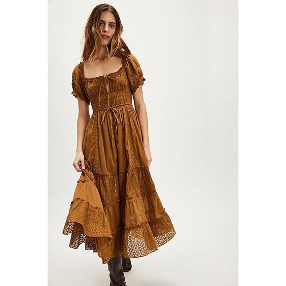 Free People Dresses & Skirts - NWT FREE PEOPLE Falling Sun Midi Dress $198 SMALL Tobacco LACE Trim Smocked
